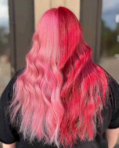 Light Pink and Bright Red Split Color for Very Long Hair