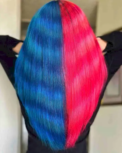 Split Dye Hot Pink and Blue Raccoon Tail Hair with Long Cut and Bangs