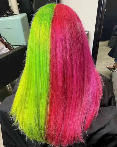 Neon Green and Red Watermelon Split Dyed Hair