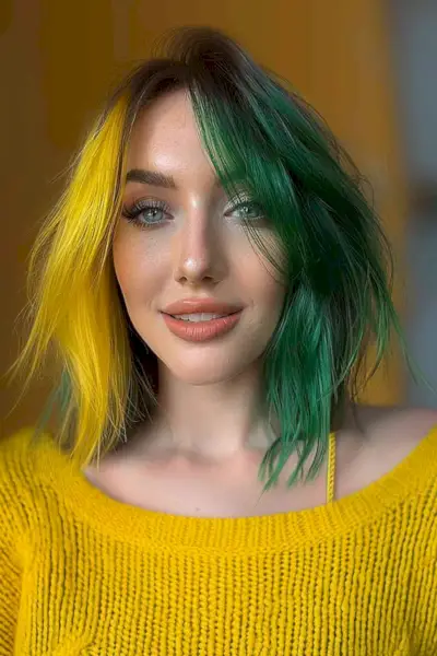 Gemini Inspired Short Asymmetric Bob with Yellow and Green Split Dye