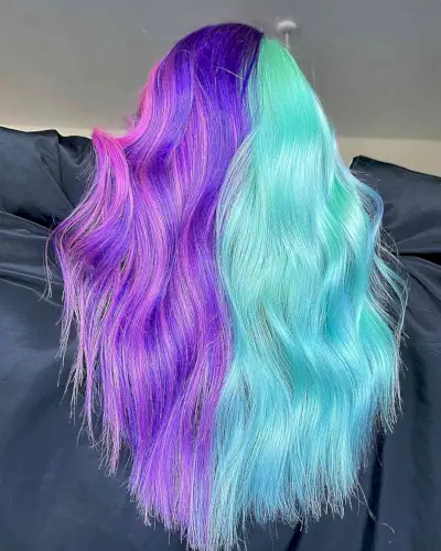 Pink-Purple and Teal Split Dye for Long Wavy Hair