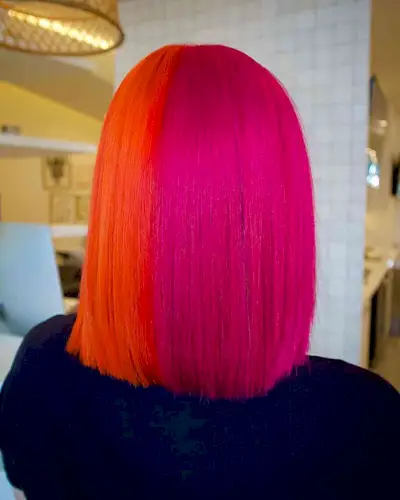 Split Dyed Half Dark Orange, Dark Pink Hues for Long Bob