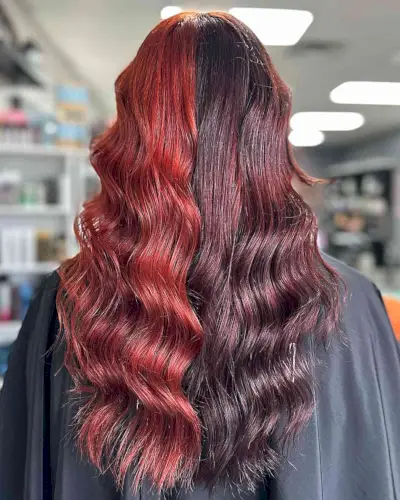 Long Hair with Fiery Red and Deep Mahogany Split Dye