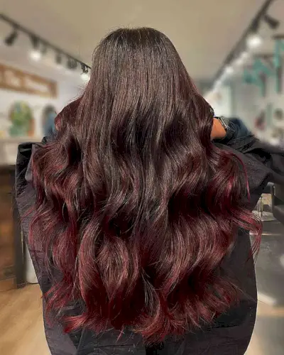 Burgundy Red Sombre Balayage on Very Long Brown Hair