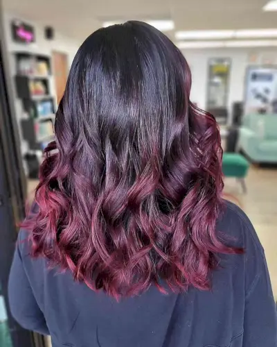 Reddish Purple Burgundy Balayage Ombre on Medium-Length Hair