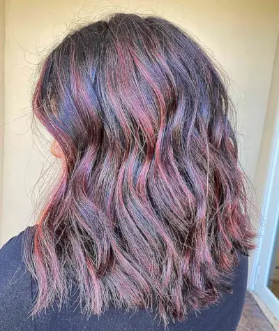 Light Burgundy Balayage Red Highlights on Mid-Length Dark Hair