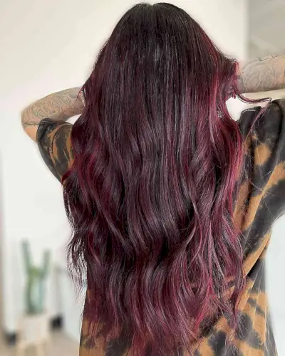 Waist-Length Dark Raspberry Burgundy Balayage Red Hair with Choppy Ends