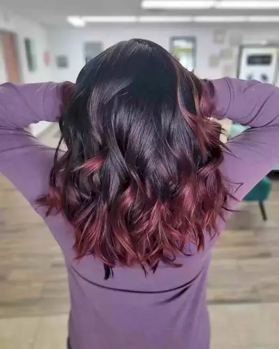 Vibrant Burgundy Balayage Hair Ends for Medium Black Hair