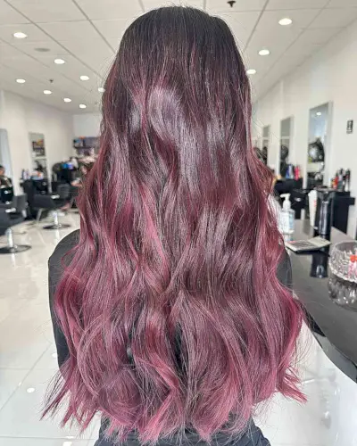 Bright Burgundy Balayage Highlights for Long and Thick Tresses