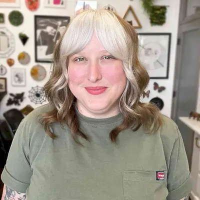 Medium-length Light Brown Waves with Platinum Blonde Bangs