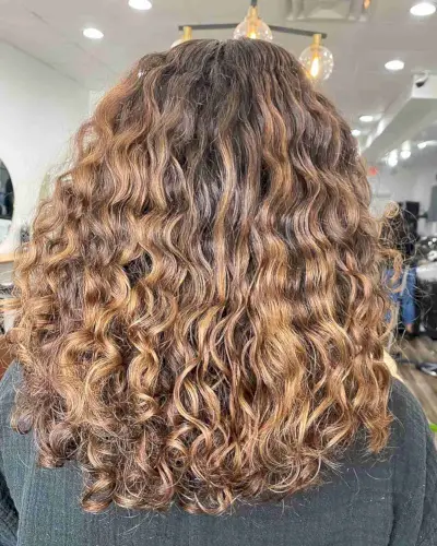 Mid-Length Curls with Ginger Brown Balayage Ombre