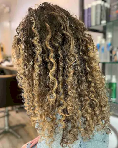 Warm Blonde Balayage Curls on Dark Brown Hair
