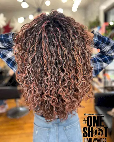 Dark Rose Gold Balayage for Curly Hair with Highlights and Dark Roots
