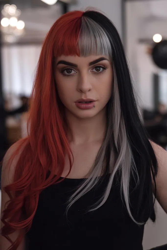 Farbowane włosy na czarno i czerwono ze srebrną grzywką, aby uzyskać efektowny wygląd na Halloween' title=