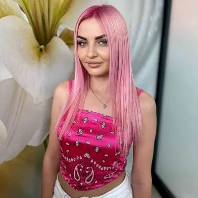 Long and Pink Thin Hairstyle with a middle part