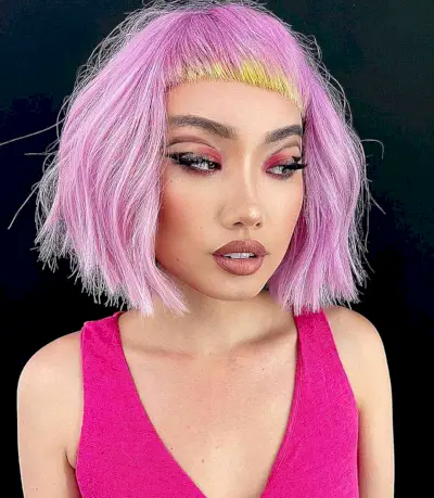 Pink Bob with Asymmetrical Yellow Bangs