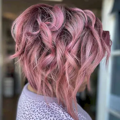 Messy Layered Pink Hair with Dark Roots for women with choppy ends