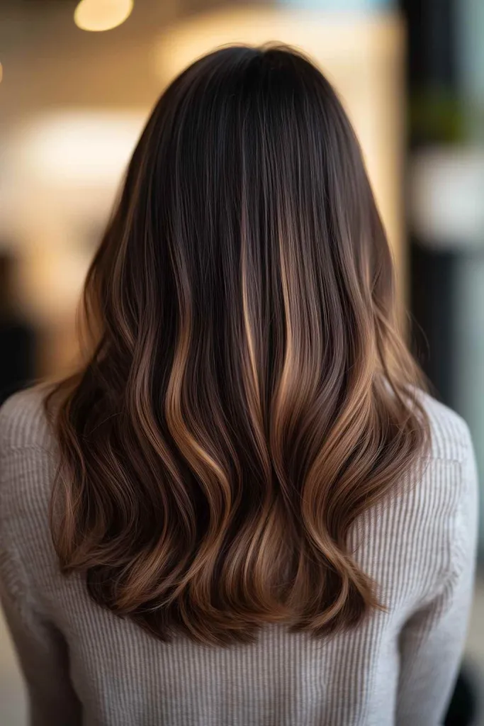 짙은 갈색 발라야쥬가 있는 자연스러운 갈색머리' title=