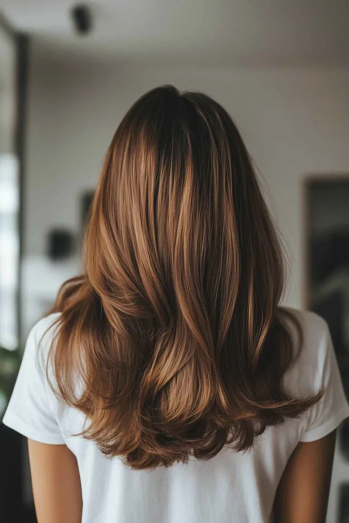 어두운 뿌리와 중간 갈색 음영을 사용한 유지 관리가 적은 헤어스타일' title=