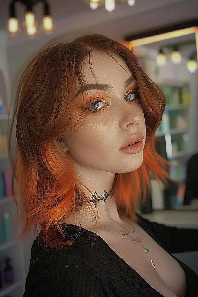 Krótkie, brązowe włosy ufarbowane na jasnopomarańczowy kolor z miękkimi falami i warstwami, aby uzyskać efekt Halloween' title=