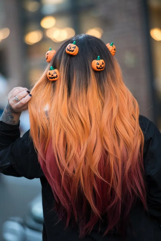 Włosy ombré w kolorze pomarańczowym do czerwonego z mini-dyniowymi spinkami dla stylizacji w stylu Halloween' title=
