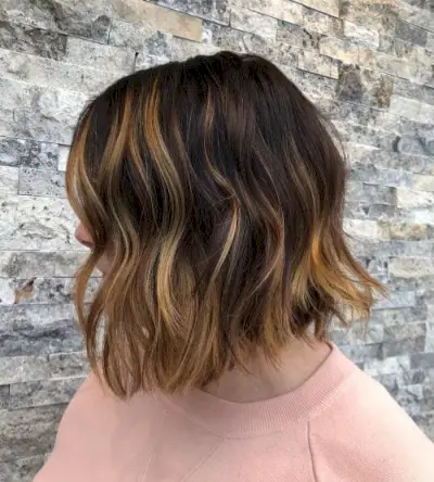 Warm Caramel Highlights on Short Dark Brown Hair