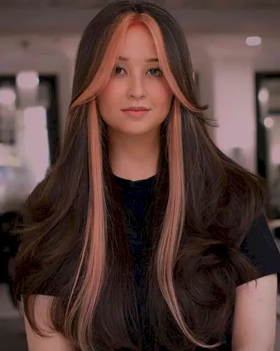 Dark Brown Long Hair with a Peach Money Piece