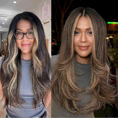 Dimensional Straight Brunette Hair with a Money Piece