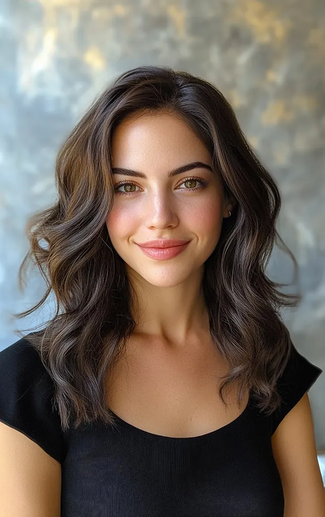 Espressobrun hårfärg för vågigt medellångt hår' title=