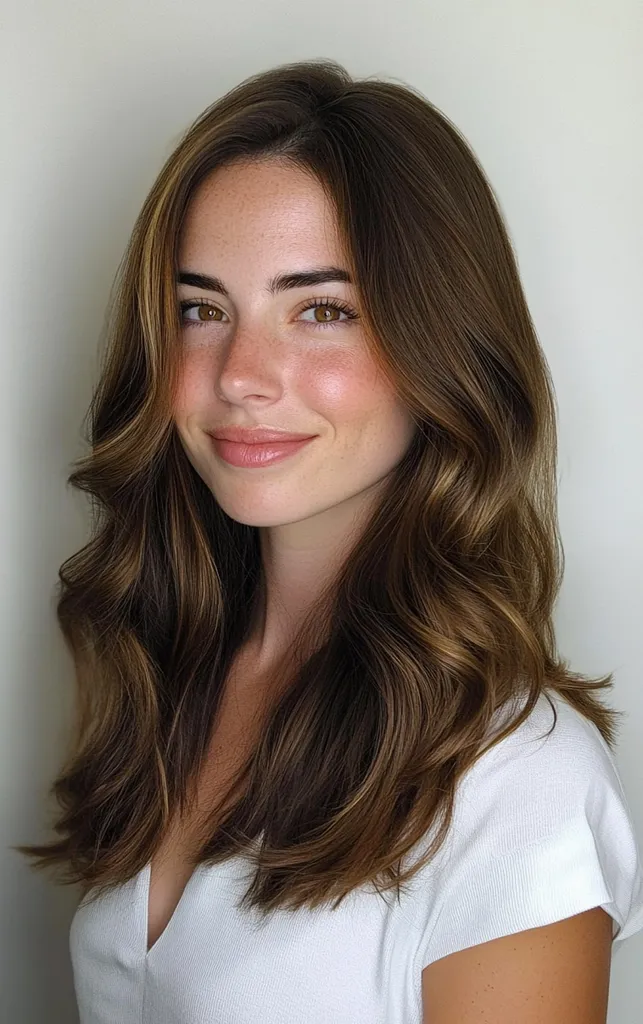 Espresso hårfärg med choklad lowlights för medellångt vågigt hår' title=