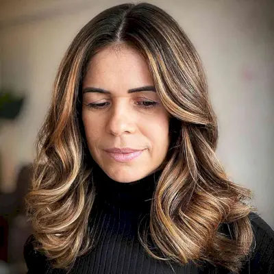 Autumn Warm Brown-Blonde with Dark Roots for Mature Women with Mid-Long Hair