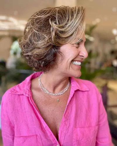 Light Caramel Short Feathered Bob for Mature Women during Fall