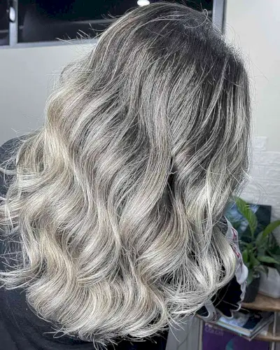 Medium-to-Long Dark Hair with Grey Blonde Balayage Highlights