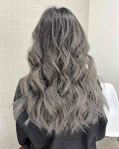 Charcoal Ash Grey Balayage with Long Beach Waves 