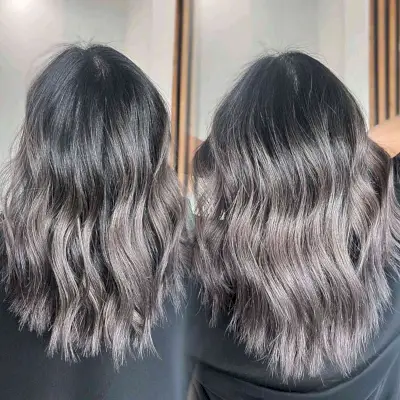 Deep Ashy Grey Balayage with Root Melt for Medium-Length Choppy Layers