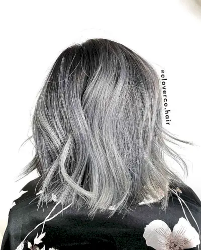 Dark-Rooted Platinum Grey Balayage for Short Bob