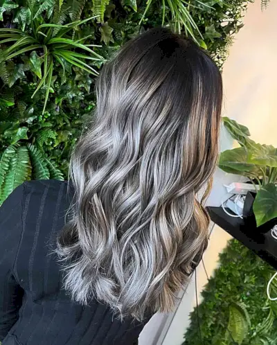 Cool-Toned Silky Grey Balayage Highlights on Medium-Long Dark Hair