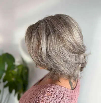 Blended Grey and Brown Balayage Streaks on Layered Short Hair