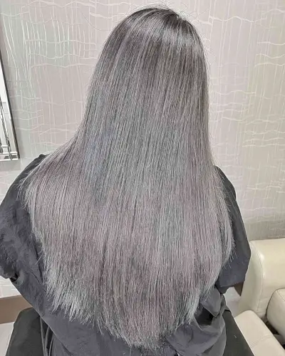 Dark-Rooted Smokey Grey Balayage for Waist-Length Hair