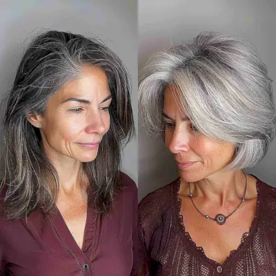 Medium-length lob with silver-grey balayage for mature women, showcasing a healthy shine and natural grey progression