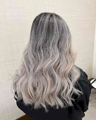 Long-Length Ash Blonde Ombre Grey Balayage for Dark Hair