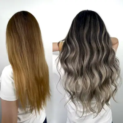 Before and after transformation of black-blonde hair color