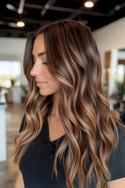 Dimensional bronze highlights for dark brown hair