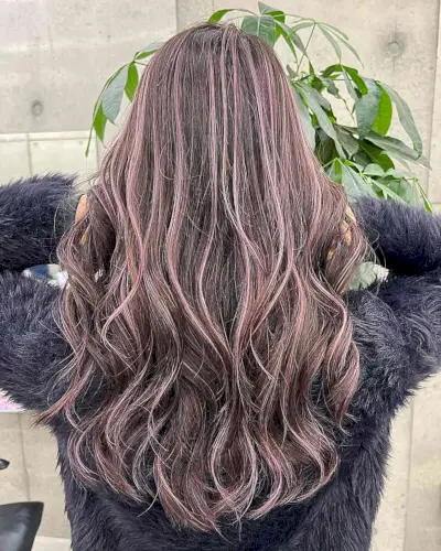 Dark Brown Long Hair with Light Pink Highlighted Streaks