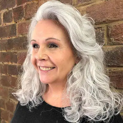 Wispy Silver Curls on mid-length hair