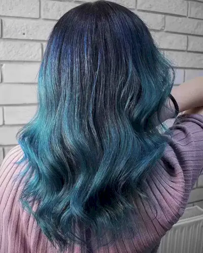 Aqua Blue Balayage Tones for Medium-Length Dark Hair