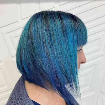 Blue-ish Teal Balayage on Short A-Line Bob with Bangs
