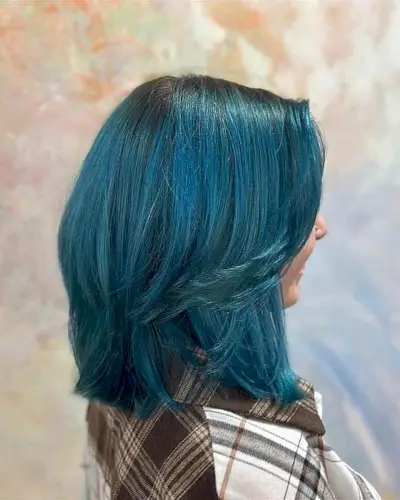 Painted Blue Green Balayage with Shadow Root on Feathered Medium-Length Hair