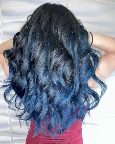 Cobalt Blue Balayage with Black Roots for Long Layers and Waves