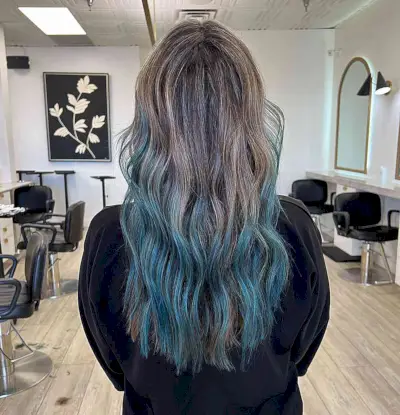Brown-to-Blue Balayage Ombre for Long Waves
